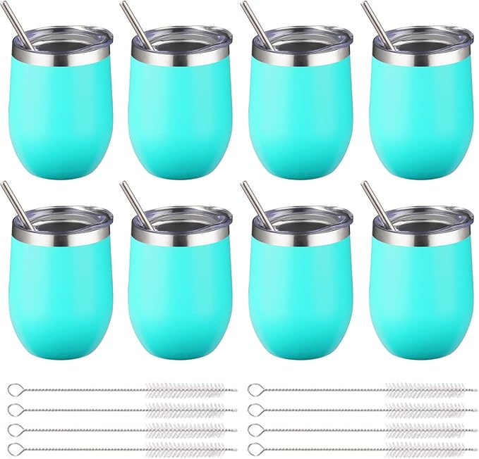 12 oz Insulated Wine Tumbler with Lid and Straw,Stainless Steel Stemless Wine Tumbler Glasses Double Wall Vacuum Wine Cups Tumbler Bulk for Champaign,Cocktail,Office(Mint Green,8)