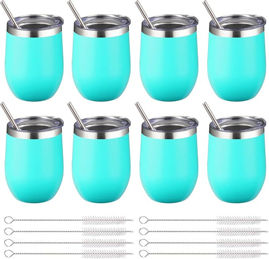 12 oz Insulated Wine Tumbler with Lid and Straw,Stainless Steel Stemless Wine Tumbler Glasses Double Wall Vacuum Wine Cups Tumbler Bulk for Champaign,Cocktail,Office(Mint Green,8)