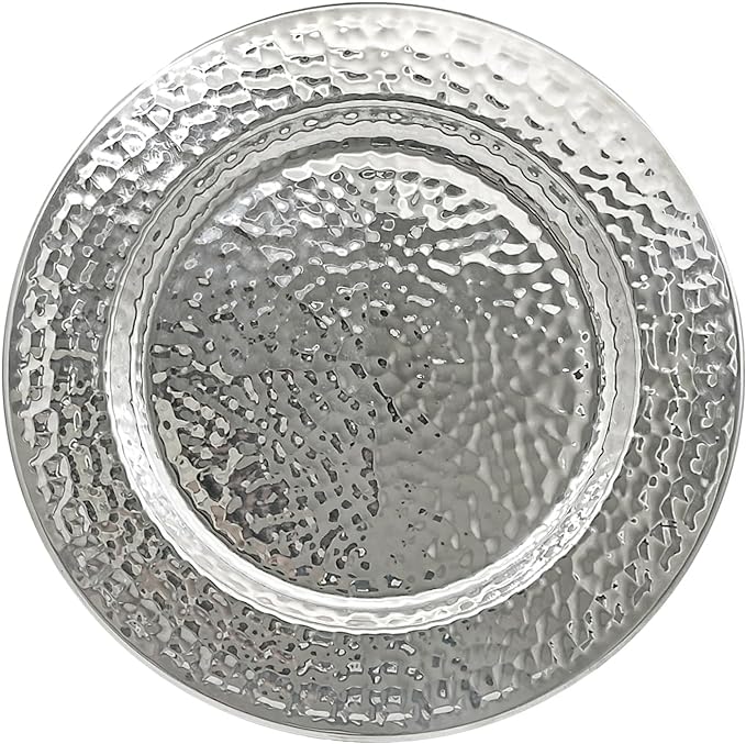 13-Inch Stainless Steel Hammered Charger Plates, Silver Dinner Plate Chargers Set of 6, Round Server Ware