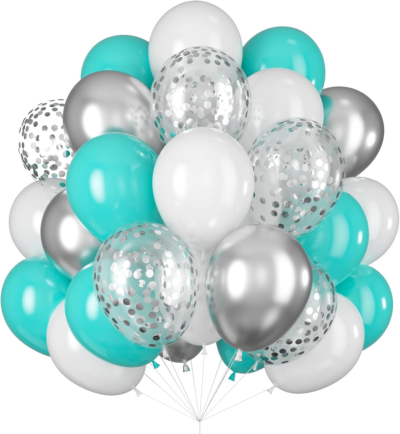 Balloons Teal Blue White Silver 12inch Mettalic Chrome Silver Confetti Balloon Turquoise Blue Latex Balloons for Wedding Bridal Baby Shower Birthday Graduation Party Decorations