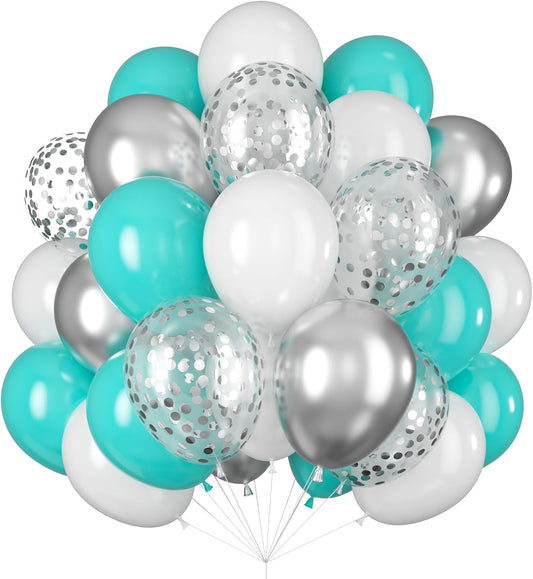 Balloons Teal Blue White Silver 12inch Mettalic Chrome Silver Confetti Balloon Turquoise Blue Latex Balloons for Wedding Bridal Baby Shower Birthday Graduation Party Decorations