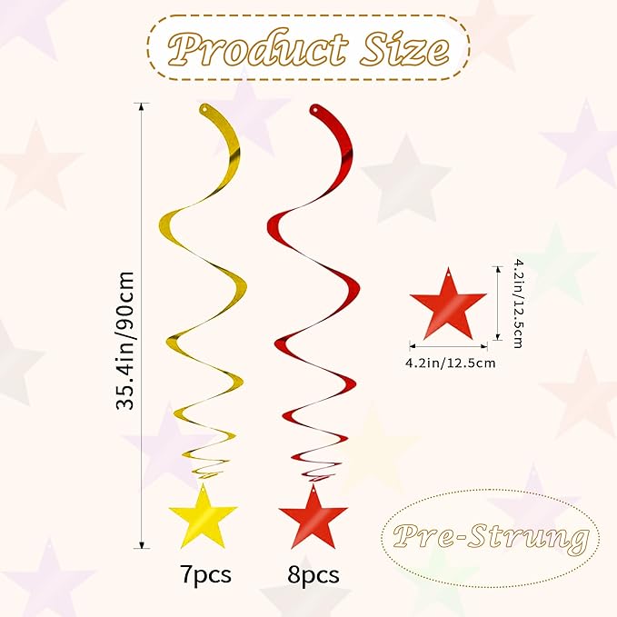 BEISHIDA Red Gold Star Hanging Swirl Ceiling Hanging Decorations for Happy New Year 2026 Party Spring Festival Chinese Lunar Valentine Graduation Birthday Wedding Decorations, Pack of 15