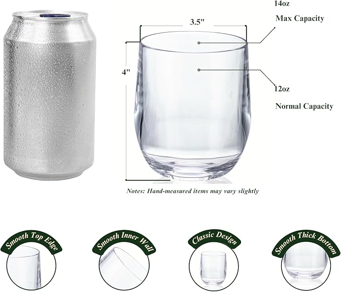 14oz Clear Thick Stemless Wines Cups (Set of 6), Shatter-Proof Acrylic Old-fashioned Glasses, Reusable Plastic Bar Glasses, BPA-Free, Dishwasher-Safe