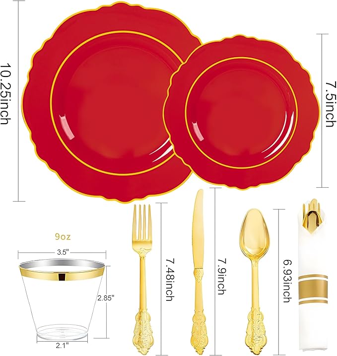 Liacere 175PCS Red Plastic Plates - Red Disposable Plates With Gold Rim -25Guest Baroque Plastic Dinnerware include 50Plates-25Pack Pre Rolled Napkins with Silverware 25Cups for Wedding&Party