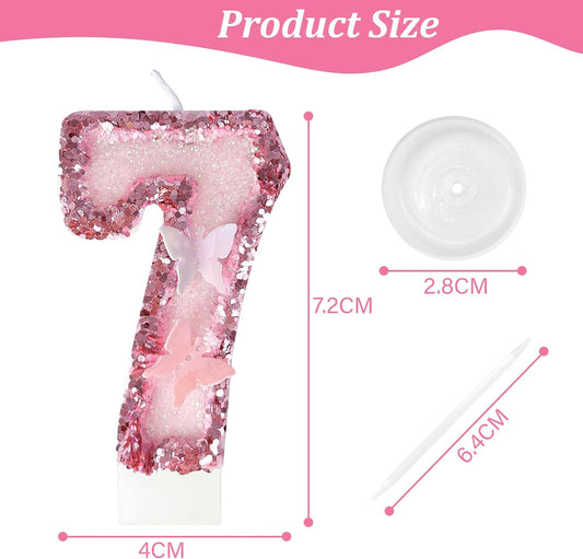 7th Birthday Candles，Glitter Butterfly Cake Toppers Pink Sequins Wedding Numeral Cupcake Decorations，Suitable for Girl and boy Wedding Cakes, Party Celebrations, Birthday Decorations