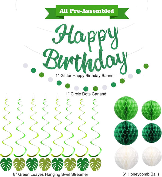 Birthday Decorations, NO DIY, Pre-Strung Happy Birthday Banner with Honeycomb Balls, Hanging Swirls, Circle Dots Garland, Happy Birthday Party Decorations for Women Men Boys Girls (Green)