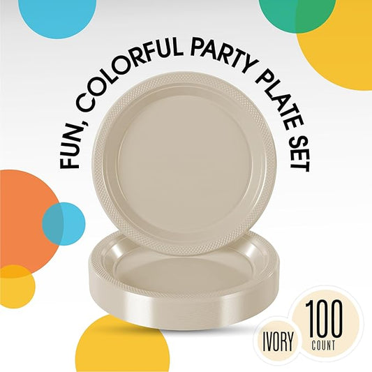 Exquisite Party Solids Ivory Plastic Plates For Party Supplies 10" Ivory Disposable Plates Heavy Duty 50 Pcs Plastic Dinnerware Sets Heavy Duty 350 GSM Disposable Dinnerware Set