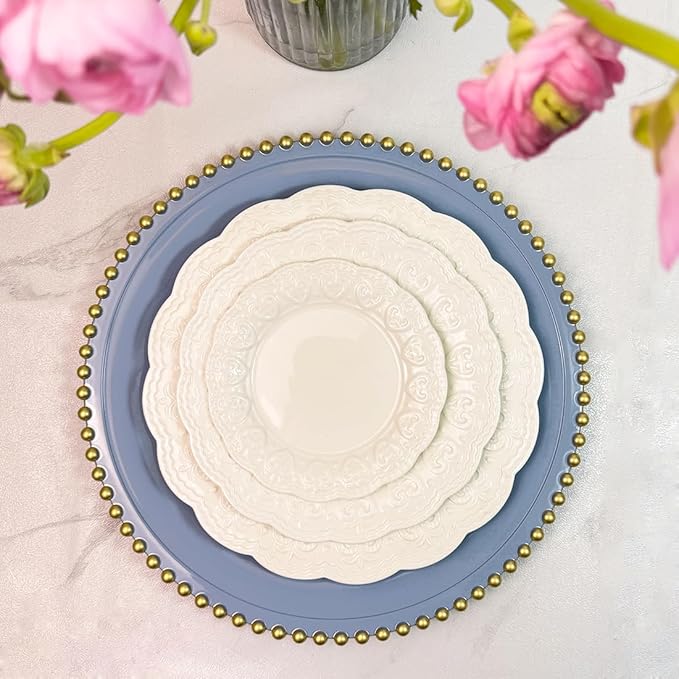 Blue Beaded Charger Plates, 13 Inch Plastic Round Chargers for Dinner Plates, Party, Wedding, Birthday.Set of 6