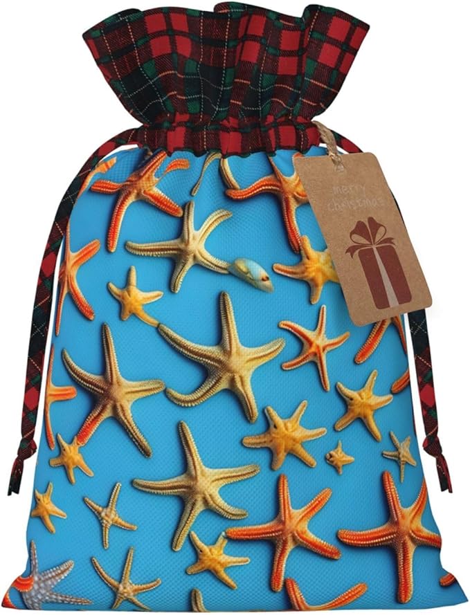 PULaif Blue Background With Many Starfish Christmas Drawstring Gift Bags, Large Size Christmas Bags For Gifts Party Favors, Xmas Gift Bags