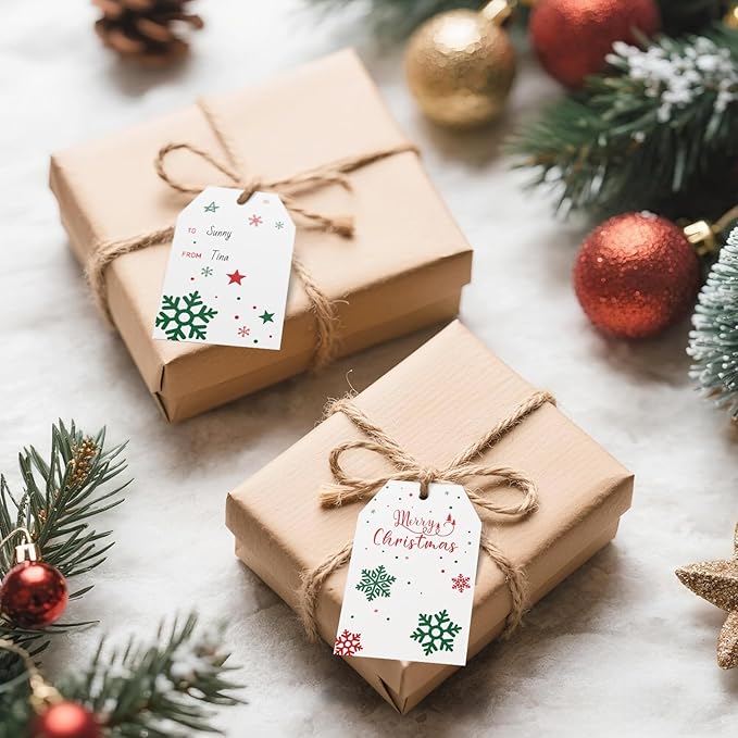 Anwyll Christmas Gift Tags with String - 50Pcs White Merry Christmas Name Tags for Gift Xmas to from Tag Have A Merry Little Christmas Tree Label Tag for Present Wrap Goodie Bags Holiday Party Favors