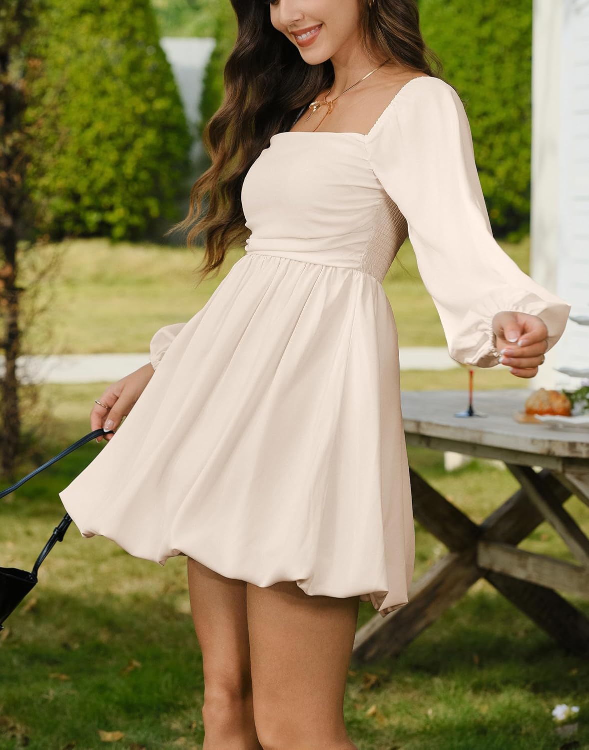 HYPERFIRE Women's Square Neck Pleated Long Sleeve Mini Dress Smocked A Lind Bubble Wedding Dresses