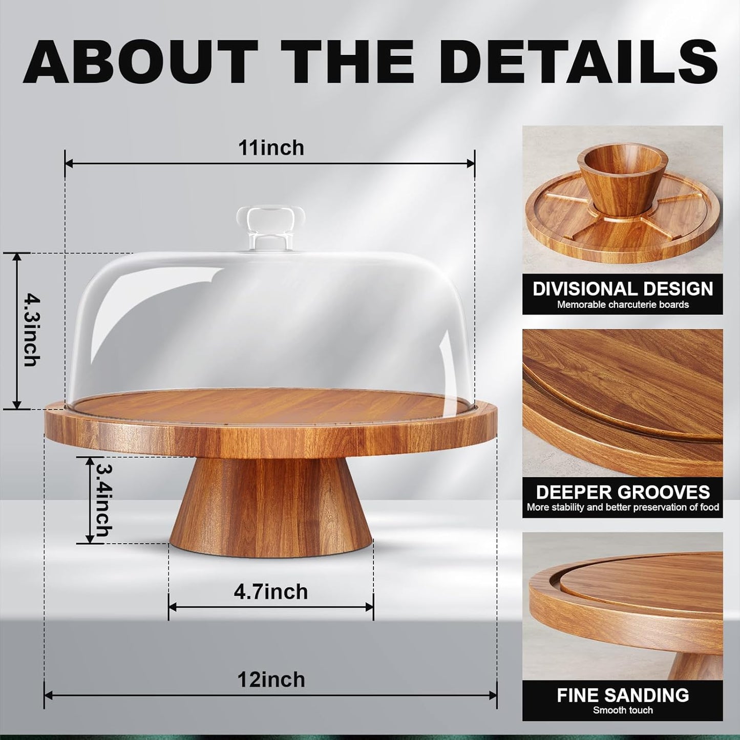 Acacia Wood Cake Stand with Lid - 12in Round Cake Holder, 2-in-1 Dessert Table Display Set & Charcuterie Board for Cheese, Chips & Dips, Nachos, Fruit Platter, Large Acrylic Cake Dome Cover