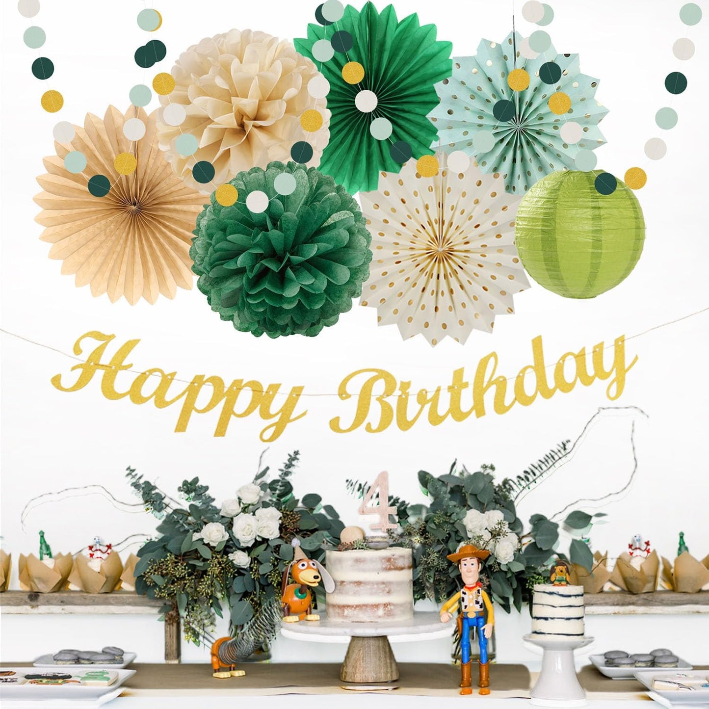 Sage Green Champagne-Gold Birthday Party-Decorations - 21pcs Happy Banner,Olive Retro Paper Lanterns Pom Poms,Rustic Boho Neutral Streamers Garland,Women Girls Boy Decor Supplies Huglony