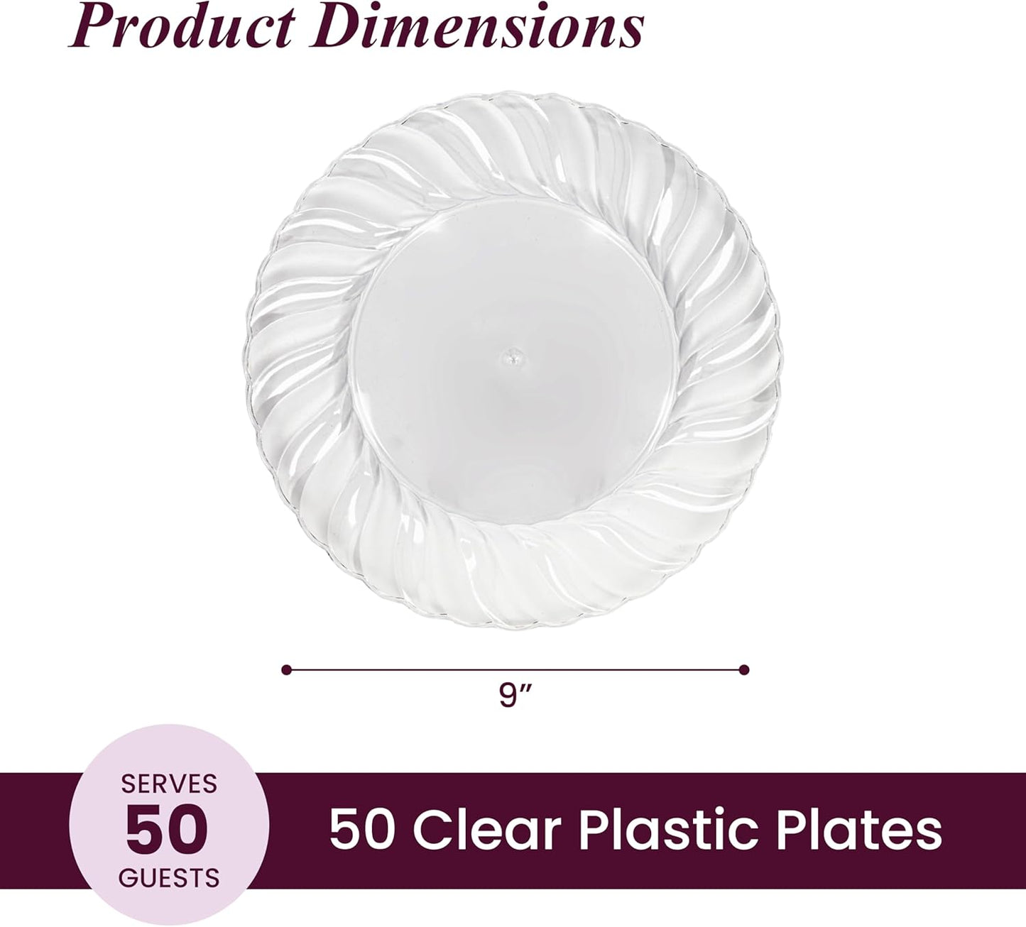 Aya's Cutlery Kingdom 50 Clear Plastic Plates 9" - Heavy-Duty Round Disposable Plates for Parties, Events, and Weddings - Elegant, Durable Clear Dinner Plate for Serving Food and for Easy Cleanup