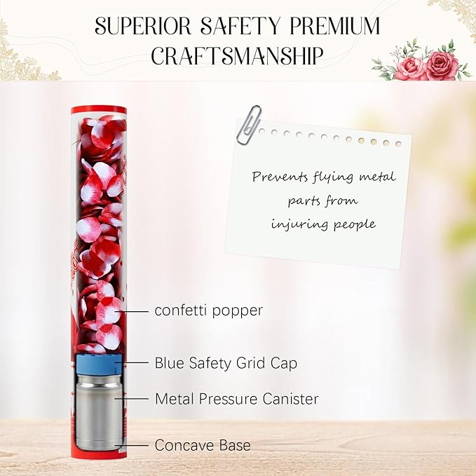 Rose Petal Confetti Cannon 12 Pack, 12" Biodegradable Red Flower Petal Party Poppers for Wedding Aisle, Proposal, Engagement, Anniversary & Bridal Shower Celebrations
