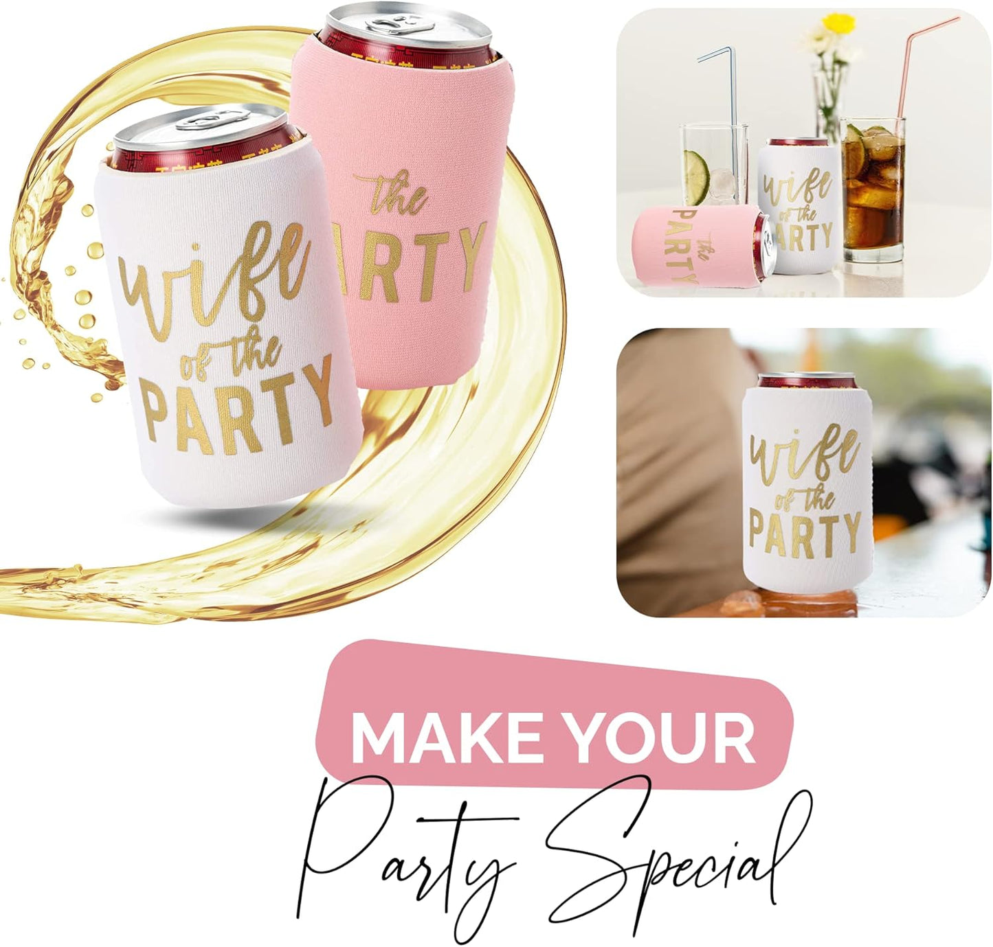Wife of the Party and The Party Bachelorette Can Coolers - Set of 12, Perfect for Decorations and Bridesmaid Gifts (Dusty Rose, Regular)