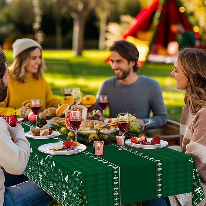 Childom 2 Pack Christmas Tablecloth Disposable,Christmas Decorations,54 x 108 Inch,Plastic Tablecloths for Rectangle Tables,Green Themed Checkered Table Covers for Xmas,Indoor,Outdoor,Birthday,Parties