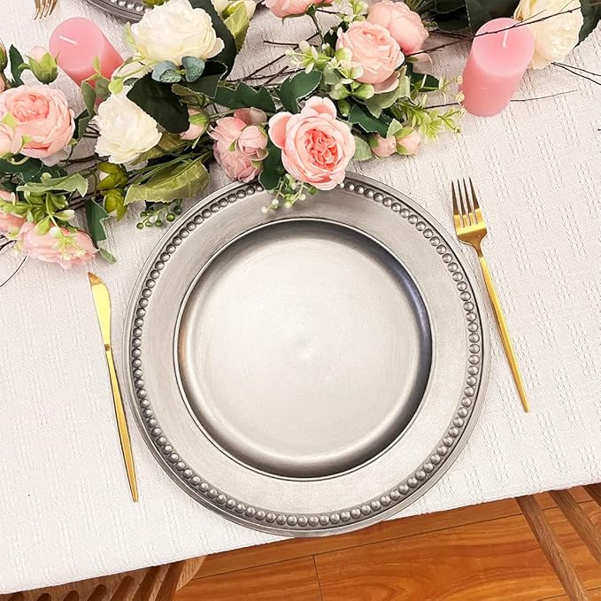 Antique Silver Charger Plates,13 Inch Vintage Dinner Plate Chargers Round Server Ware.Set of 6 Plastic Beaded Chargers for Dinner Plates, Party, Wedding(Silver)