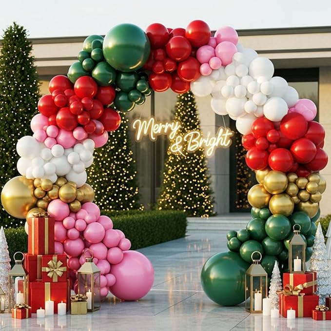 Christmas Balloon Arch Kit – 143pcs Double Stuffed Green, Red, Green, White, Pink & Gold Balloons Garland, Xmas Balloon Arch Decorations for Holiday Party, Merry Christmas Balloons Decor Supplies