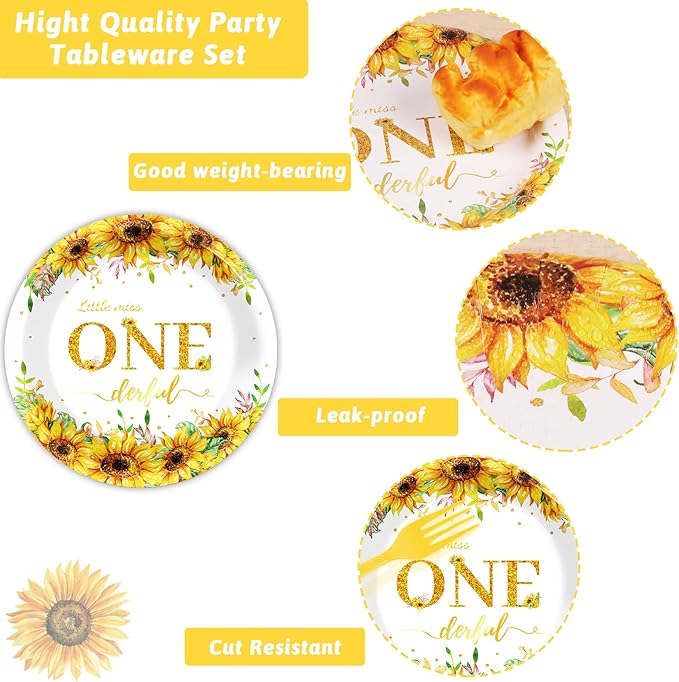 96Pcs Sunflower 1st Birthday Party Supplies Baby Girl Little Miss Paper Plates Napkins Sun Flower Party Decorations First Birthday Dinnerware Favor Tableware Serves 24