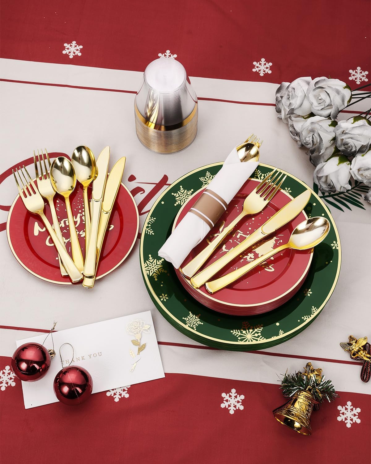 Goodluck 175 Piece Christmas Plates Sets for 25 Guests, Christmas Tableware Disposable for Party, Include 50Plates, 25Pack Pre Rolled Napkins with Silverware, 25Cups for Party, Wedding, Graduation