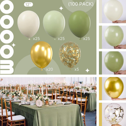 PartyWoo Sage Green Balloons 100pcs 12 Inch Metallic Gold Sand White Gold Confetti Balloons for Baby Shower Gender Reveal Wedding Engagement Jungle Woodland Forest Birthday Party Decorations
