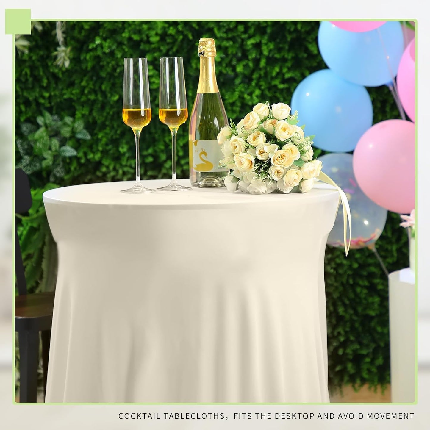 Tegeme 32 x 43 Inch Round Spandex Cocktail Tablecloths with Skirt Cocktail Round Table Cover Spandex Stretch Tablecloth for Fitted High Top Table Bar Wedding Party Banquet (Beige,1 Pack)