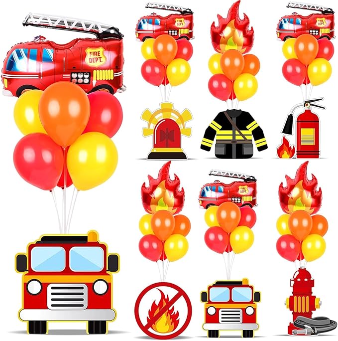 6 Sets Fire Fighting Party Balloon Stand Kit for Table Red Yellow Balloon Centerpiece Decor Fire Truck Party Balloon Stand Kit for Fireman Theme Birthday Supplies