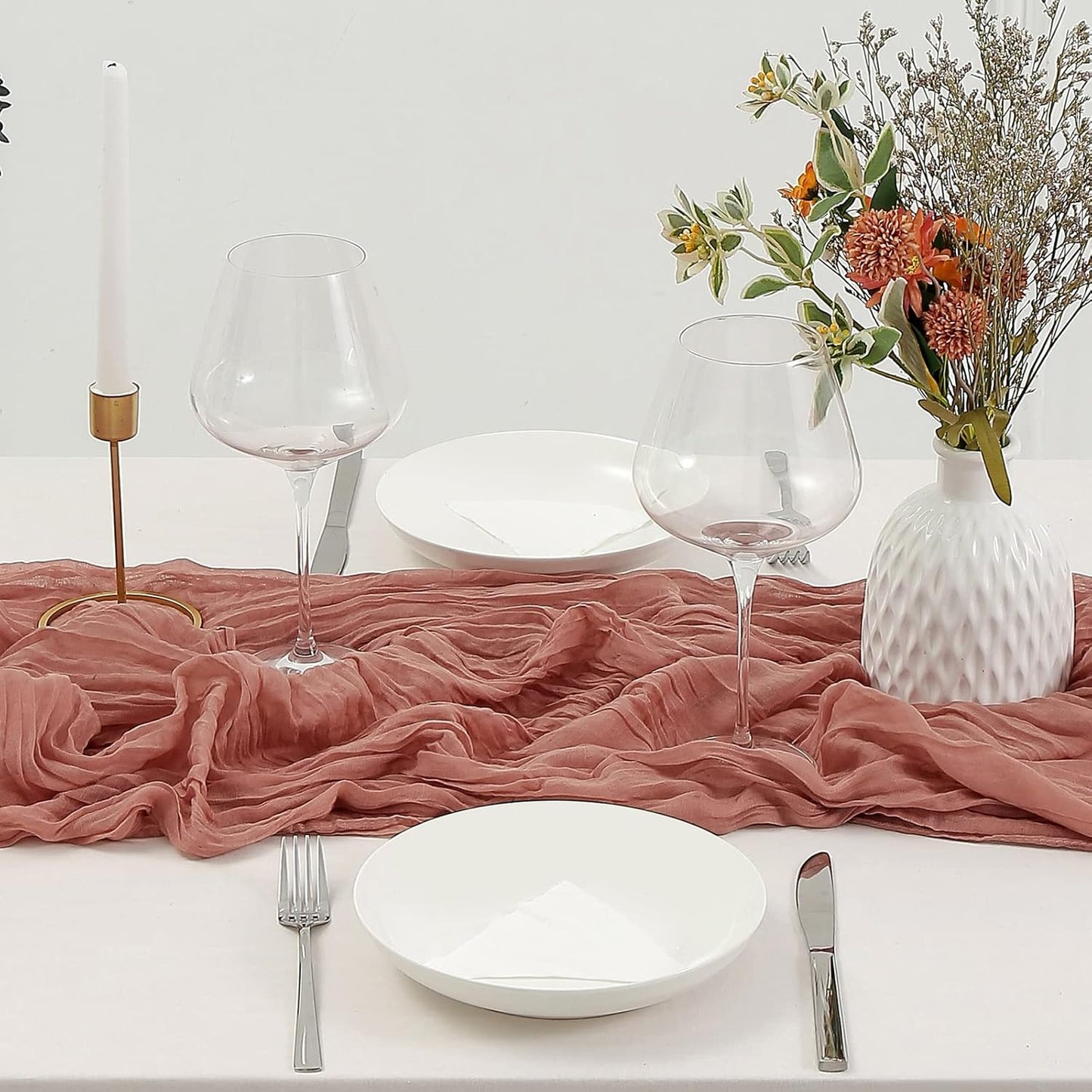 DOLOPL Boho Table Runner Dusty Blush Cheesecloth Table Runner 13.3ft Rustic Gauze Cheese Cloth Runner 160inch Long for Bridal Baby Shower Birthday Party Table Decorations