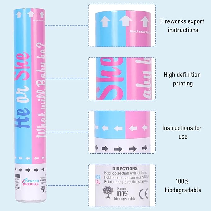 Gender Reveal Confetti Cannons - Set of 4 Blue Party Poppers for Stunning Gender Reveal Announcements, Perfect for Baby Showers and Celebrations(Non-Powder)