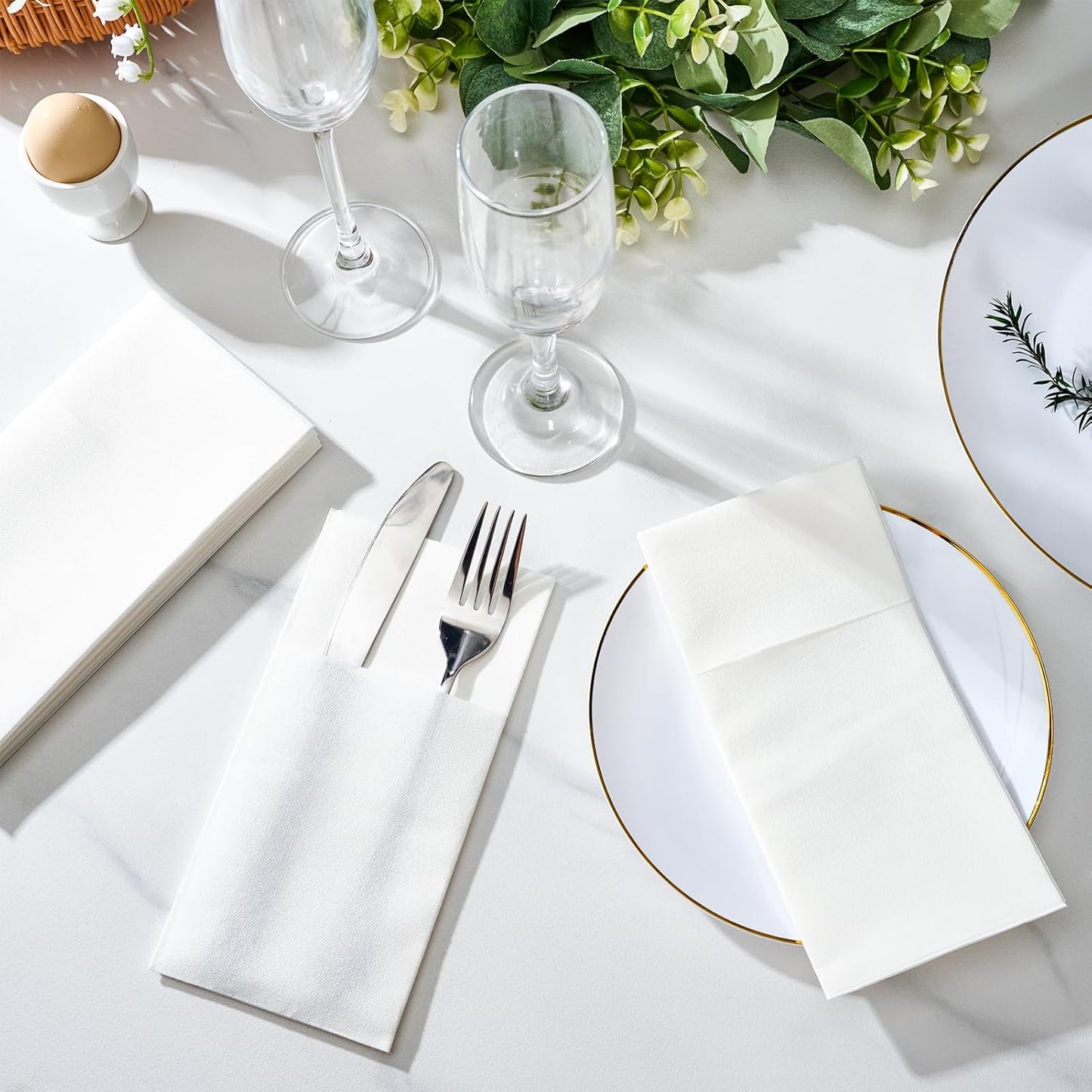 FOCUSLINE 200 Count Disposable Cloth-Like Napkins, Built-in Flatware Pocket, Prefolded Linen Feel White Napkins