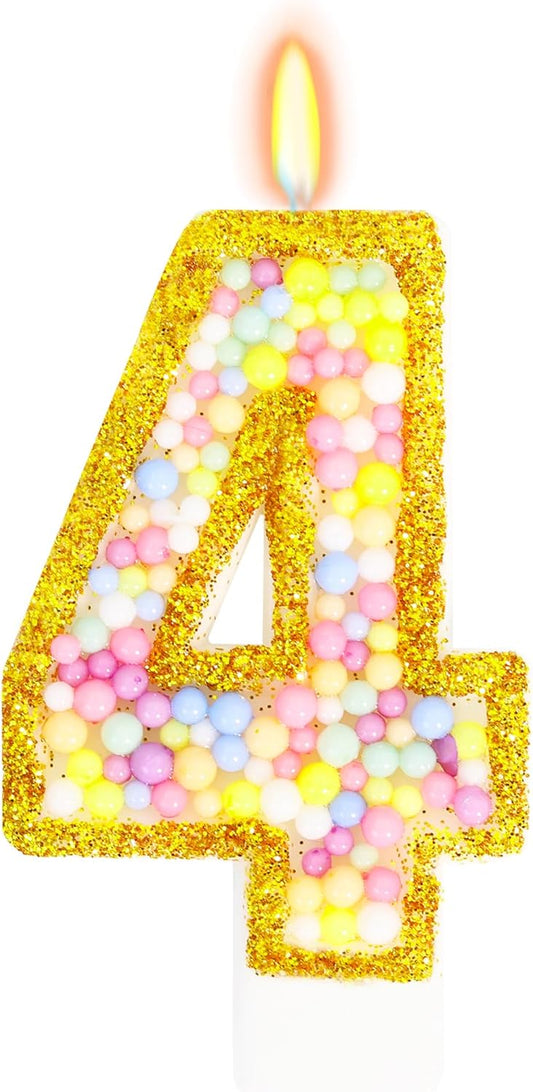 4th Birthday Candle for Cake, Colorful Macaron Numeral Candles for Boys/Girls, Birthday Party Cake Decorations, Golden Cake Topper for Birthday Party Supplies (Number 4)