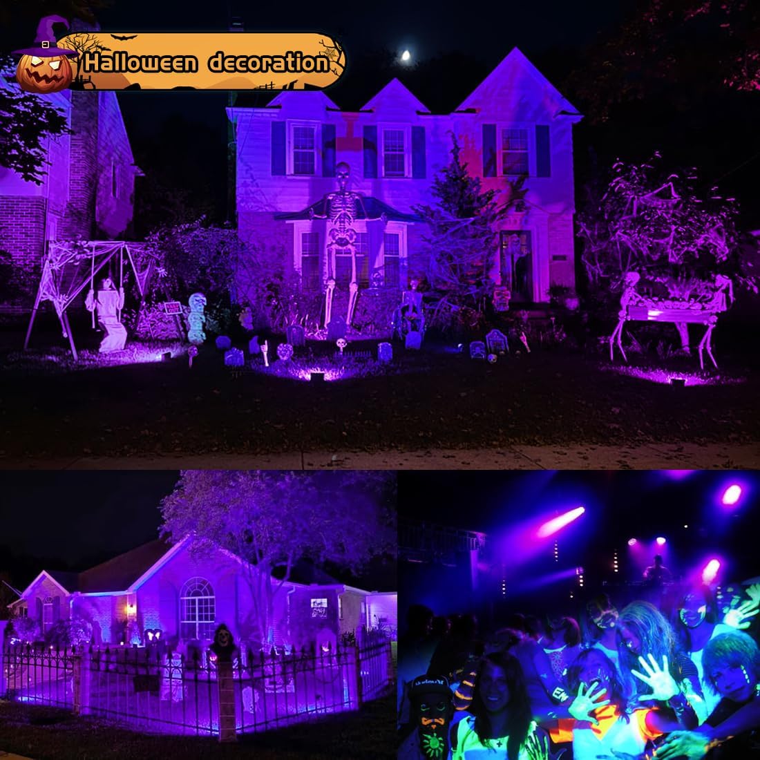 MELPO Black Light 80W Blacklight Flood Light Outdoor for Glow Party, Halloween Decoration, Body Paint, Fluorescent Poster, Stage Lighting，Neon Glow, IP66, US-Plug-Switch-5.9Ft Cord(4 Pack)