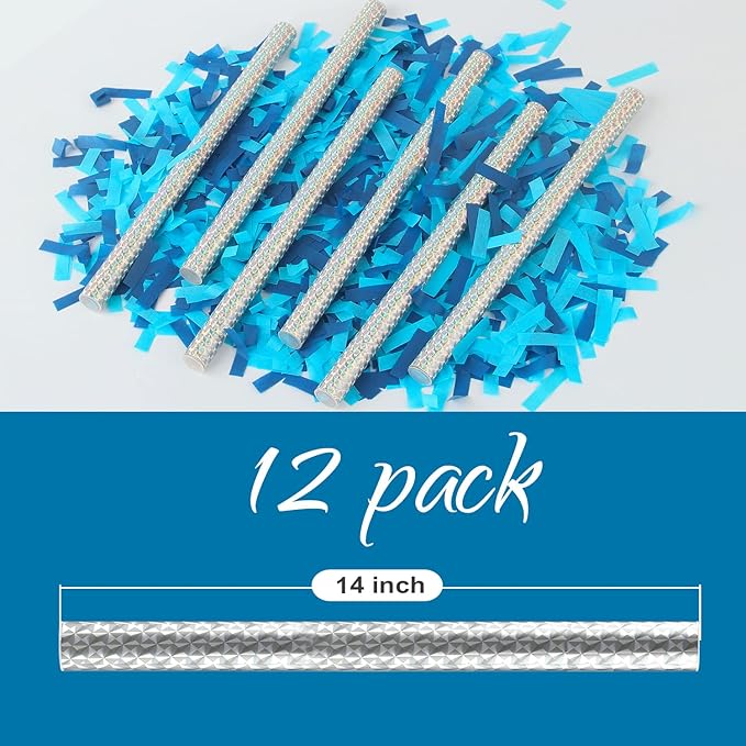 BATTIFE It's a Boy, 12Pack Gender Reveal Confetti Wands, Tissue Paper Confetti Flick Flutter Sticks for Baby Boy Born Shower Party Decorations Supplies, Shoot Poppers, 14inch Blue