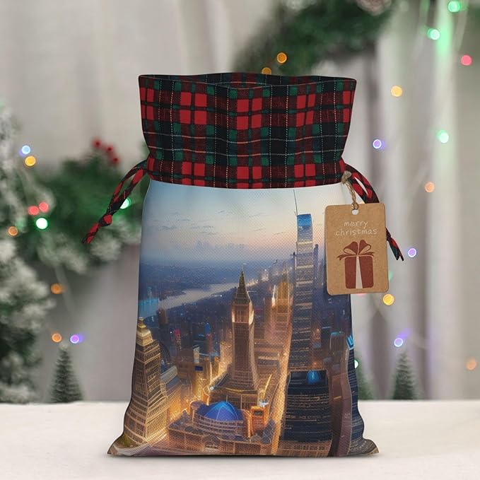 PULaif City Picture Night Christmas Drawstring Gift Bags, Large Size Christmas Bags For Gifts Party Favors, Xmas Gift Bags