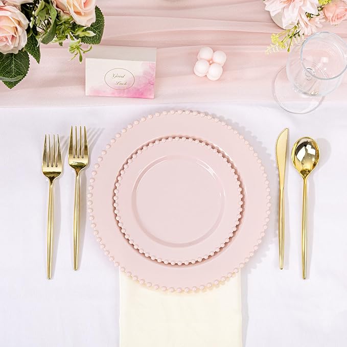 U-QE 60PCS Pink Plastic Plates - Heavy Duty Beaded Pink Disposable Plates for Party, Baby Shower, Wedding, Birthday - Serving 30 Guests Include 30PCS 10inch Dinner Plate & 30PCS 7inch Dessert Plate