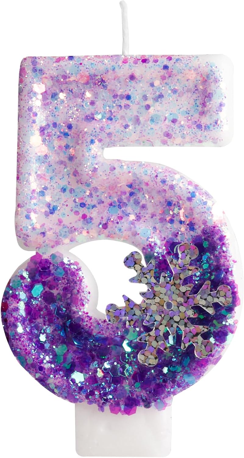 Purple White Frozen Birthday Candles, Sparkler Number 5th Birthday Candle for Party Supplies, Snow Winter Frozen Birthday Party Decorations, Number 5 Cake Toppers Decorations
