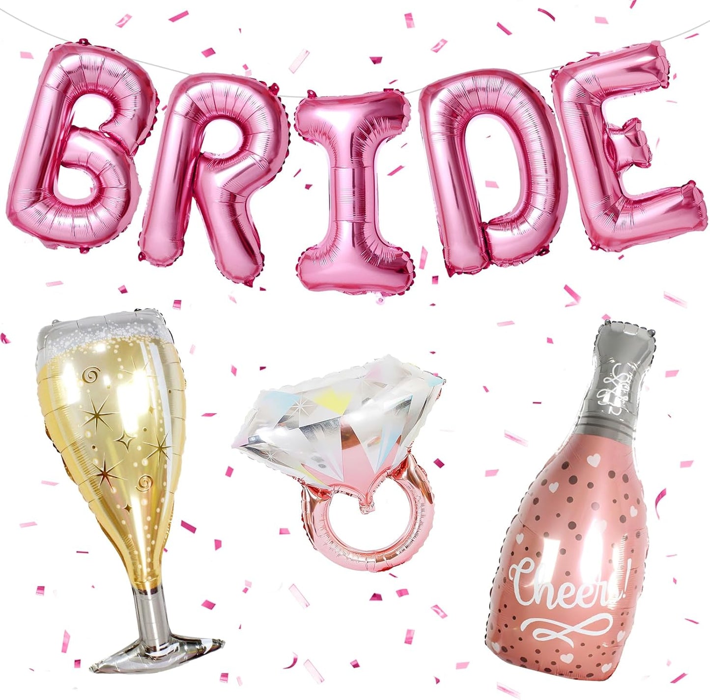 40inch Bride Balloons Pink Letters Banner, Bachelorette Party Decorations Set with Diamond Ring Champagne Bottle Balloon Glass Foil Balloon for Pink Bachelorette Engagement Wedding Bridal Shower Decor