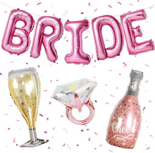 40inch Bride Balloons Pink Letters Banner, Bachelorette Party Decorations Set with Diamond Ring Champagne Bottle Balloon Glass Foil Balloon for Pink Bachelorette Engagement Wedding Bridal Shower Decor