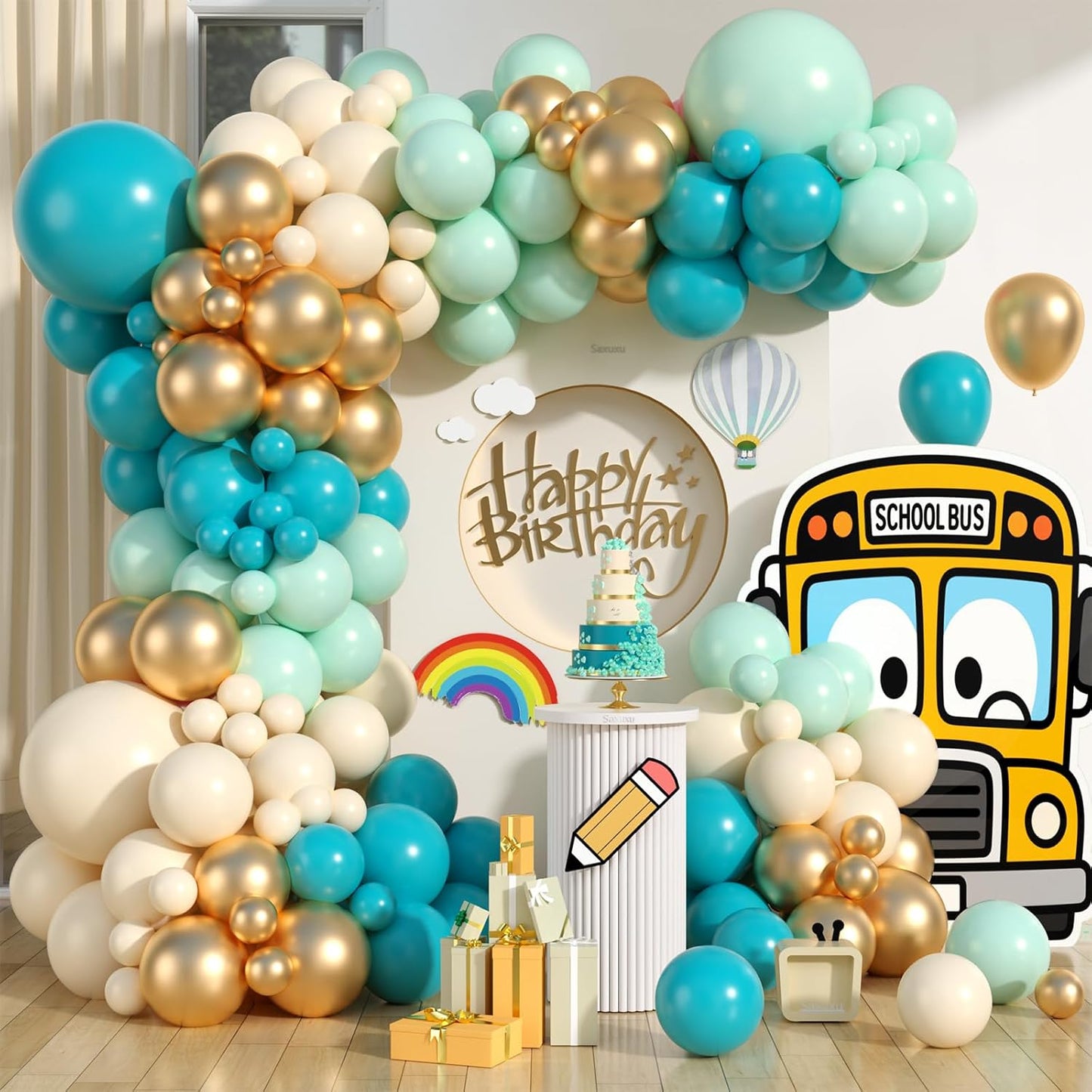 Teal Balloons Arch Kit, Teal Green Balloon Garland Arch Kit, Macaron Teal Blue Retro White Metallic Gold Balloons For Birthday Baby Shower Back To School Theme Party Wedding Decorations Supplies