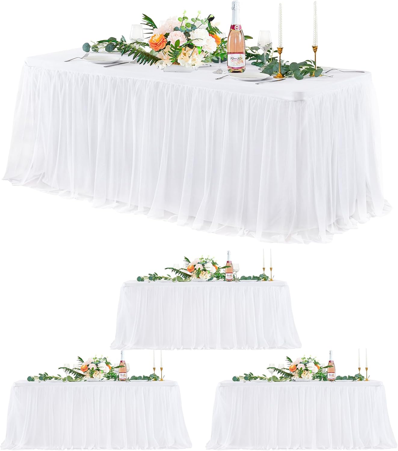 4 Pack White Tulle Tablecloths for 6 Foot Rectangular Tables, 72 x 30 Inch White Rectangle Table Cloth, Wrinkle Free Table Cover with Tutu Skirt for Wedding Birthday Party Banquet Buffet Decorations
