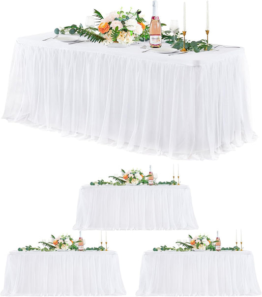 4 Pack White Tulle Tablecloths for 6 Foot Rectangular Tables, 72 x 30 Inch White Rectangle Table Cloth, Wrinkle Free Table Cover with Tutu Skirt for Wedding Birthday Party Banquet Buffet Decorations