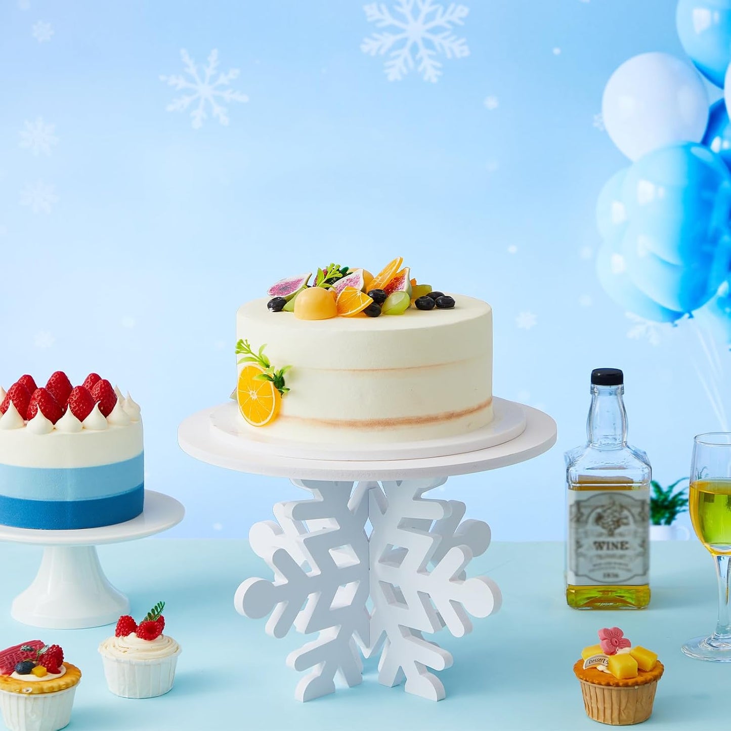 Lallisa 12" Snowflake Frozen Cake Stand White 3D Snowflake PVC Cake Decorations with Engraved Snow Themed Holder Winter Dessert Stand Centerpieces for Winter Birthday Christmas Frozen Party Supplies