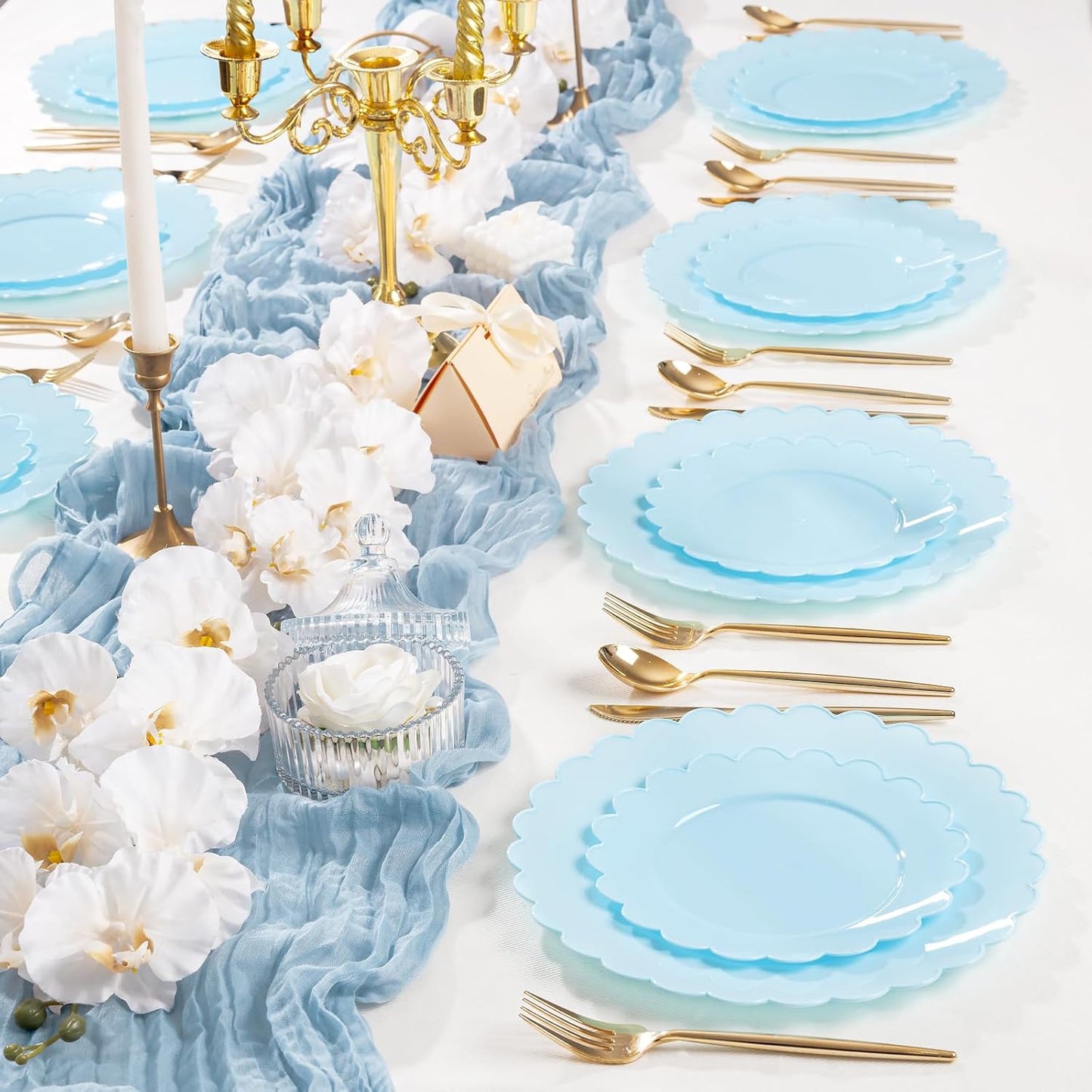 supernal 100pcs Blue Scalloped Plastic Plates-Blue Disposable Plates Heavy Duty-Disposable Plate Set for Party Wedding-Include 50 Plastic Dinner & Dessert Plate Perfect for Thanksgiving,Christmas
