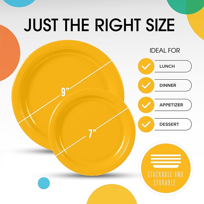 Exquisite Yellow Paper Plates Disposable Heavy Duty 100 Pcs - 50-7" & 50-9" Yellow Disposable Plates For Party Heavy Duty Paper Plate 350 GSM Birthday Party Supplies Plate Set