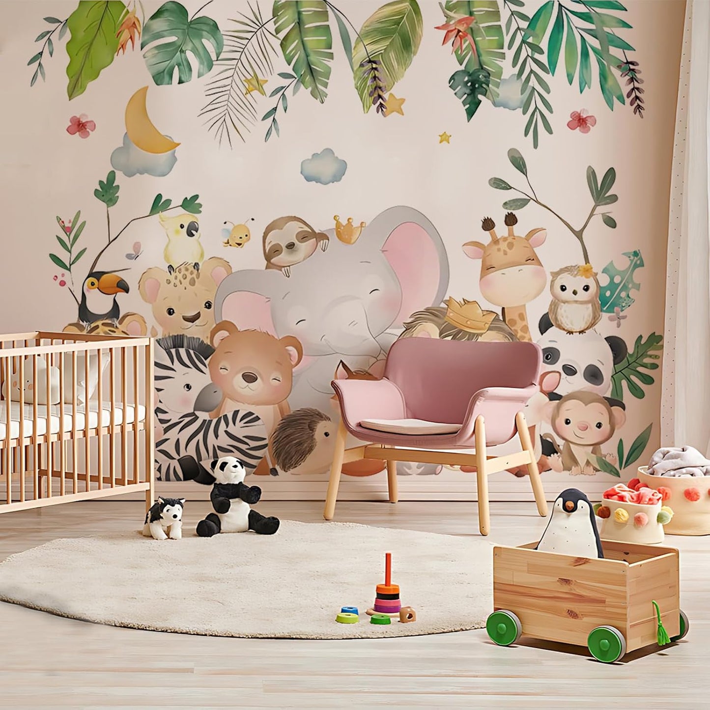 Cute Elephant Lion Panda Door Wall Stickers Baby Nursery Children's Room Wall Decor, Reusable Vinyl, Peel and Stick, Kids Mural Stickers