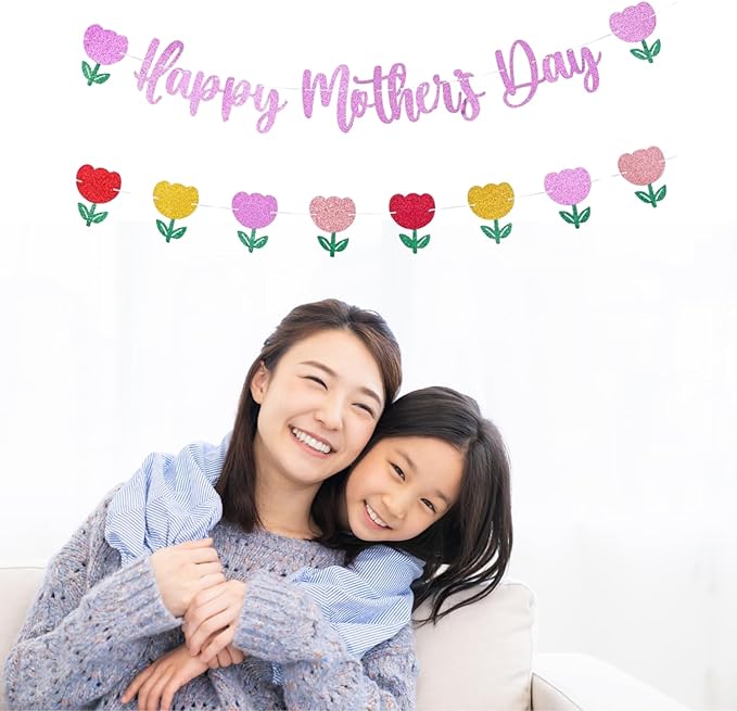 Happy Mother's Day Banner Set Decoration for Mother's Day Party Decorations Backdrop Garland for Mom Mother's Day Glitter Garland Photo Props (Pink Tulip)