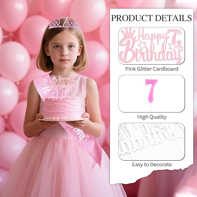 7th Birthday Celebration Set - Pink Crown, Glitter Sash, Number 7 Candle & Cake Topper | Party Decorations Kit