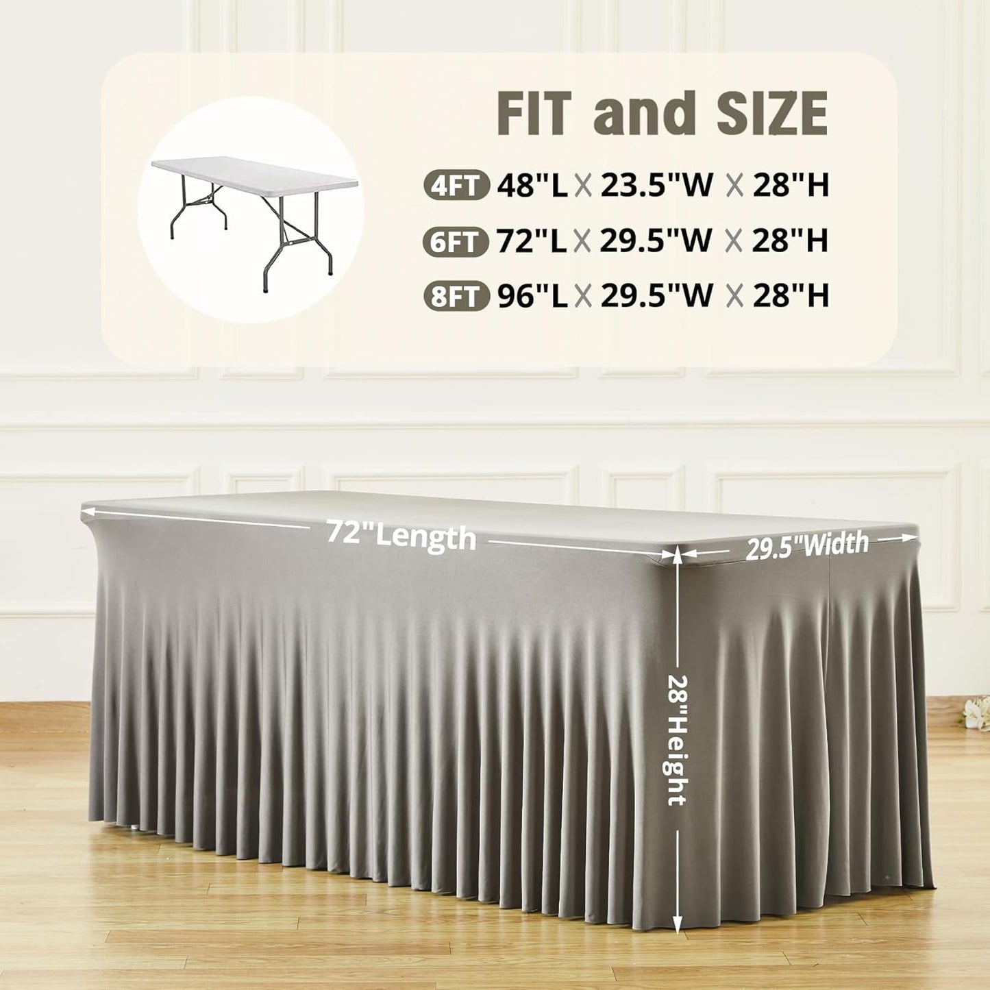 PARTISKY Gray Spandex Tablecloth for 4ft Rectangle Tables, Stretchable Table Cover Skirt for Folding Tables Weddings Parties Banquets Events Trade Shows and Dessert Table
