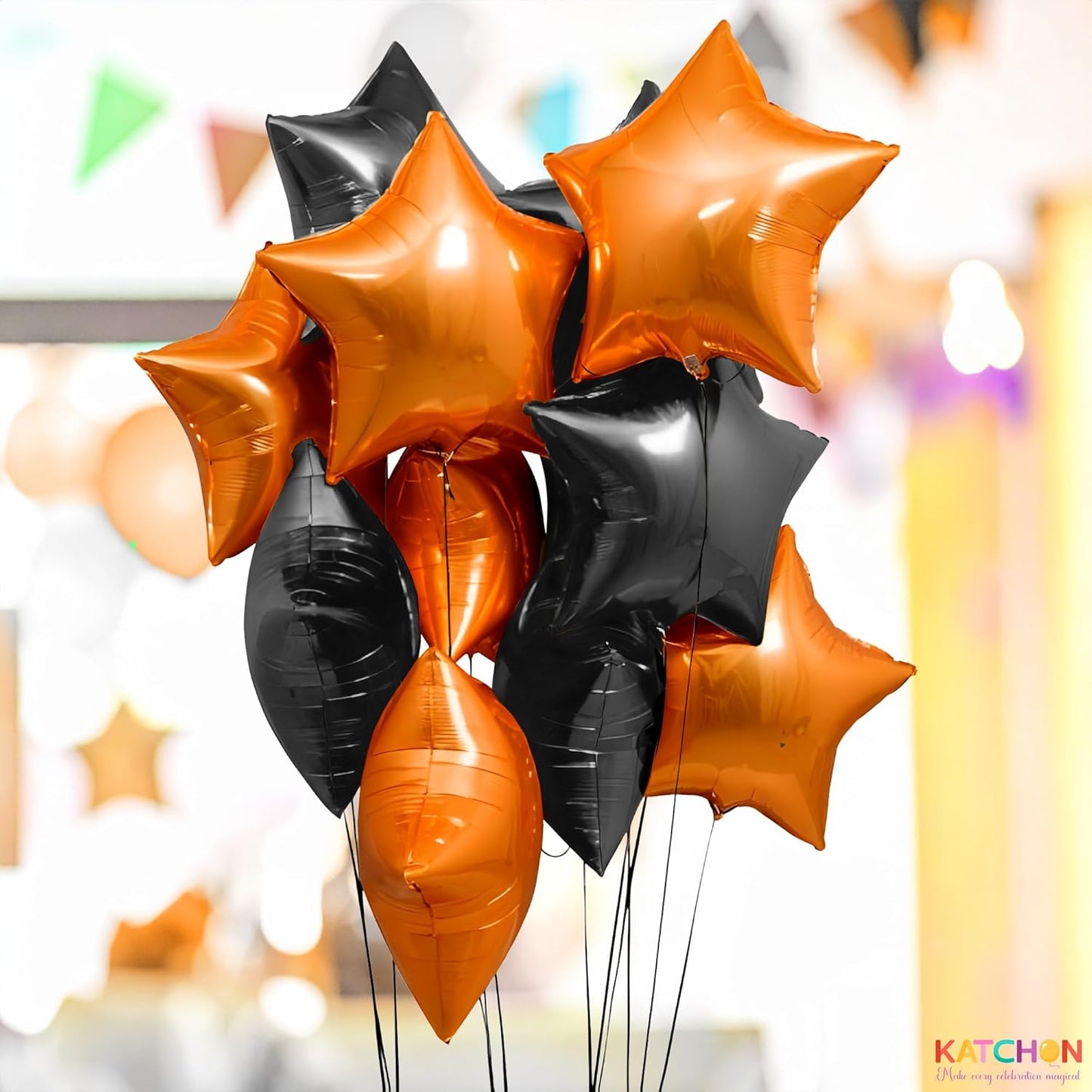 Katchon, Orange And Black Star Balloons -18 Inch-pack of 12 | Halloween Balloons | Orange Balloon For Halloween Decorations Indoor | Basketball Party Decorations | Orange, Black Party Decorations